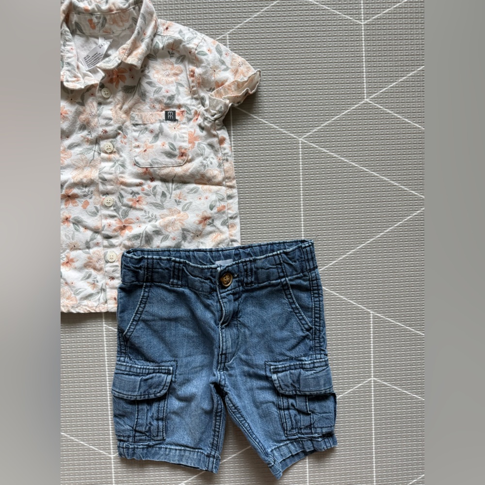 Modern Moments|Baby boy/toddler summer set,white floral button up Shirt & cargo•
